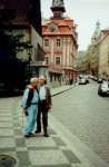 1990c Jacob and Herman Frank in Prague Jewish section Hebrew clock seen in back LOWRES