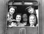 Israel Lieb Bochner family 1946 or 1948 returning via train from USSR to Salzburg, Austria.  They later moved to NYC, USA.  L to R: Top left is Chunek's wife, below is Naftali Bochner (Chunek's son), Sabina Bochner (Chunek's sister), Israel Lieb Bochner, Israel Lieb's wife, and top right is Chunek Bochner (Israel Lieb's son)