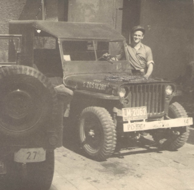 c 1946 unra truck 8 Jacob in front of Jeep he used to drive Roy C King, UNRRA distribution officer around in Weiden